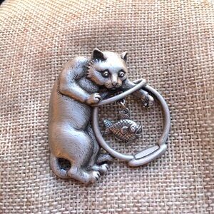 Vintage JJ Jonette Dangling Fish Bowl Cat Brooch